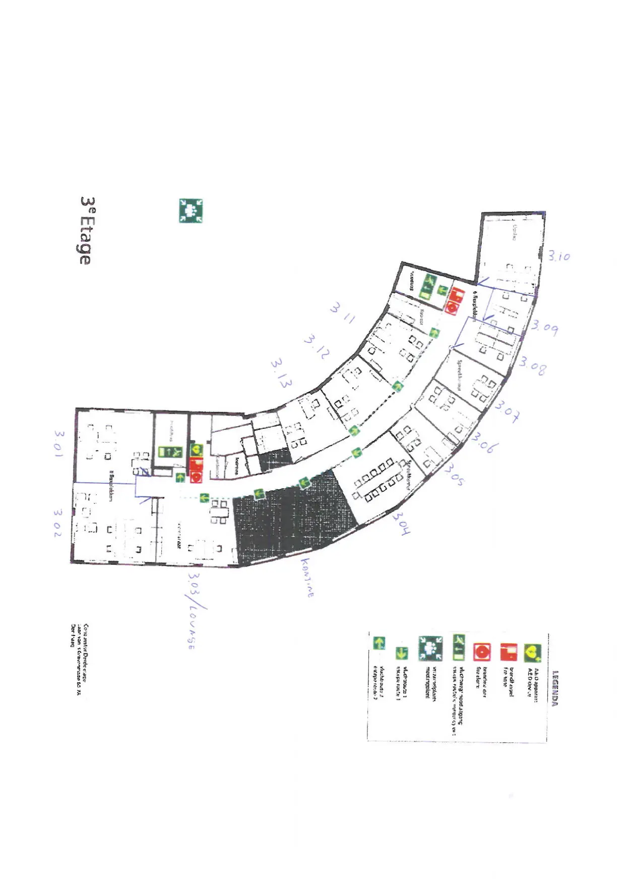 Plattegrond van de derde etage van het kantoorpand aan de Laan van ’s-Gravenmade met kamernummers en vluchtwegen.